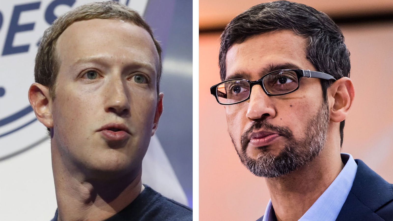 Facebook CEO Mark Zuckerberg and Alphabet CEO Sundar Pichai. Photos by Bloomberg