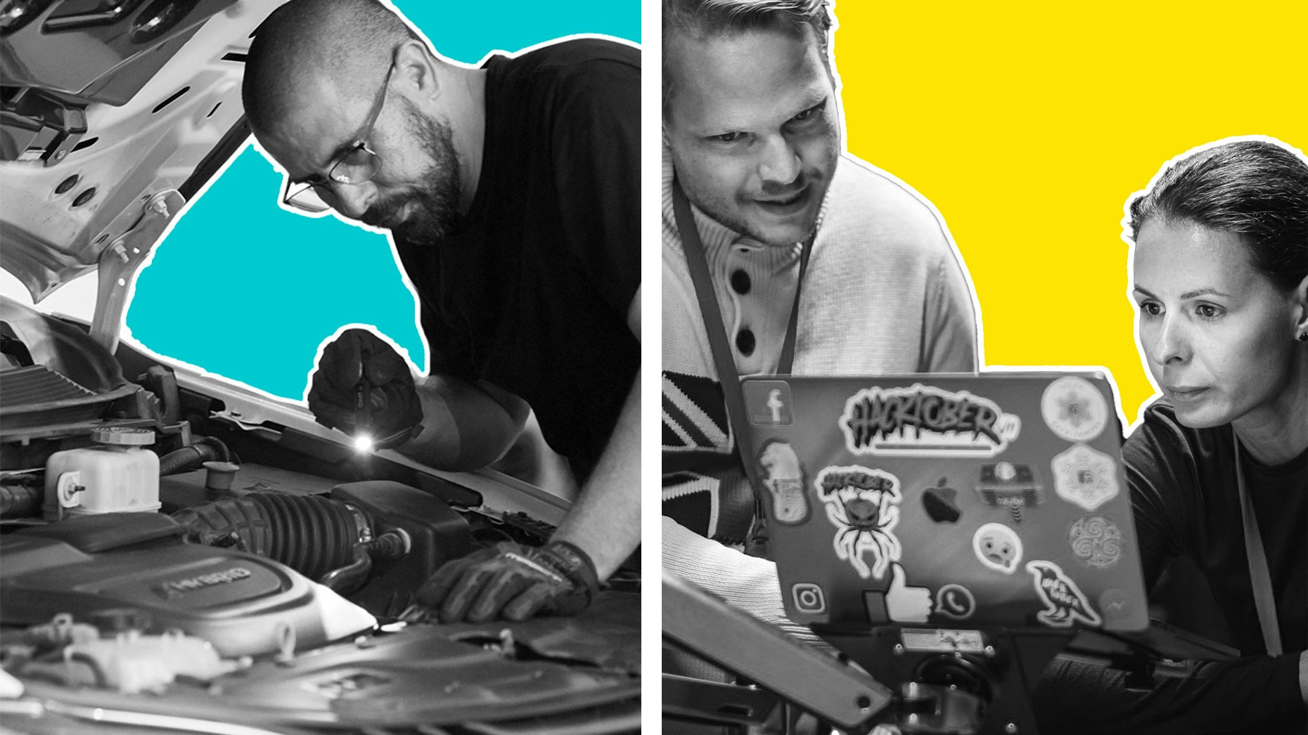 A Waymo employee looks under the hood of a Waymo driverless vehicle (l); Facebook employees at a data center in Nebraska.  Credit: Waymo, Facebook.  Illustration: Mike Sullivan
