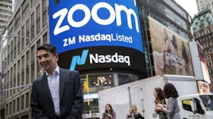 Eric Yuan, founder and CEO of Zoom, stands outside the Nasdaq in New York on April 18, 2019. Photo by Bloomberg