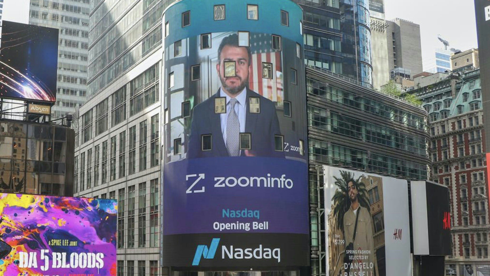 ZoomInfo's logo at the Nasdaq stock market where it went public on Thursday. Photo by Nasdaq