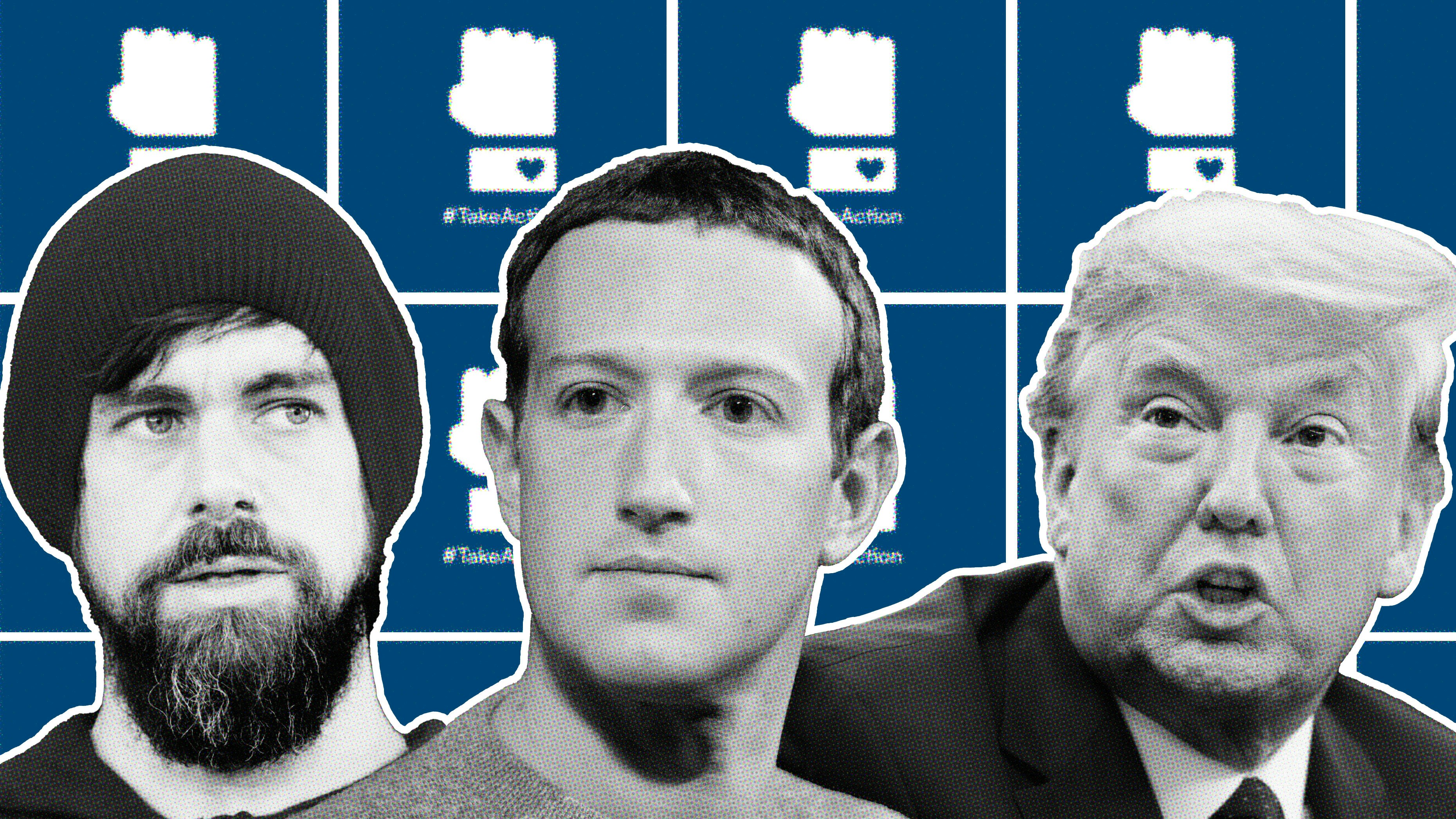 Jack Dorsey, Mark Zuckerberg and Donald Trump. Photos: Dorsey and Trump, Bloomberg; Zuckerberg, AP. Art by Mike Sullivan