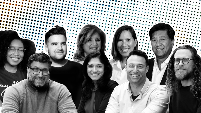 Top, l.-r.:  Yelitsa Jean-Charles (Healthy Roots Dolls); Ben Kaufman (Camp); Arianna Huffington (Thrive Global); Carrie SiuButt (Simple Health); David Hsieh (Kaptivo). Bottom:  David Youssefnia; Ravs Kaur; Joe Levy; Dave Matthews (Uplevel)