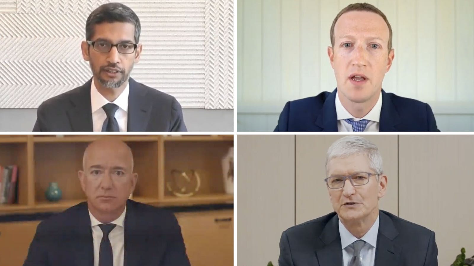 Clockwise from top left: Alphabet CEO Sundar Pichai; Facebook CEO Mark Zuckerberg; Apple CEO Tim Cook; and Amazon CEO Jeff Bezos appeared before the House antitrust subcommittee Wednesday. Image: House Committee on the Judiciary