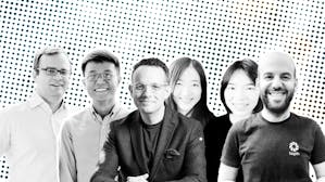 From left to right: Lunchclub founders Vladimir Novakovski and Scott Wu; Mmhmm founder Phil Libin; Run The World founders Xiaoyin Qu and Xuan Jiang; Hopin founder Johnny Boufarhat. Photos courtesy of the companies.