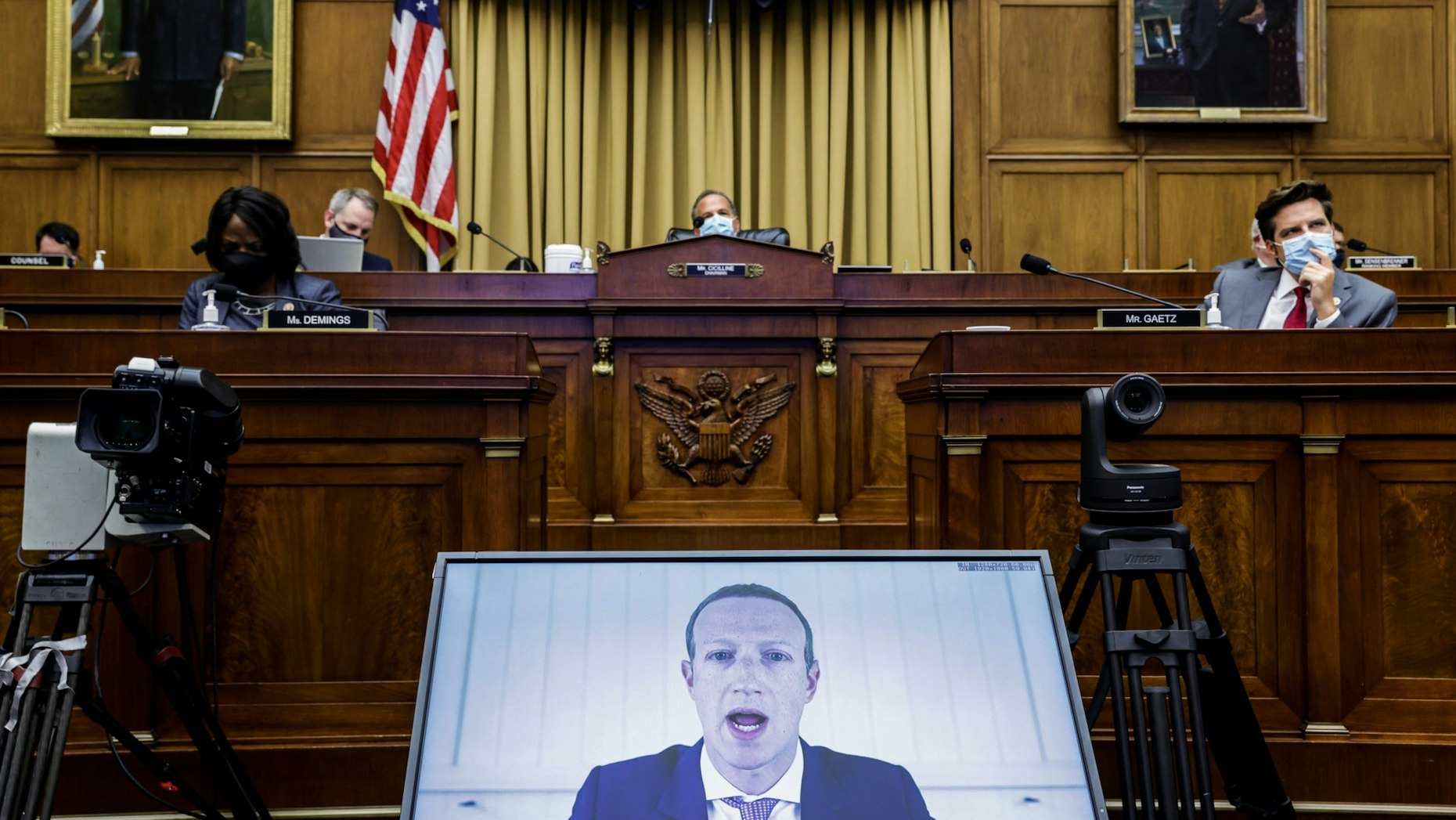 Facebook's Mark Zuckerberg testifying remotely at a House Judiciary Subcommittee hearing in July. Photo by Bloomberg