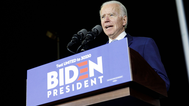 Joe Biden speaking at a primary night rally in Los Angeles on March 3, 2020. Photo: Bloomberg