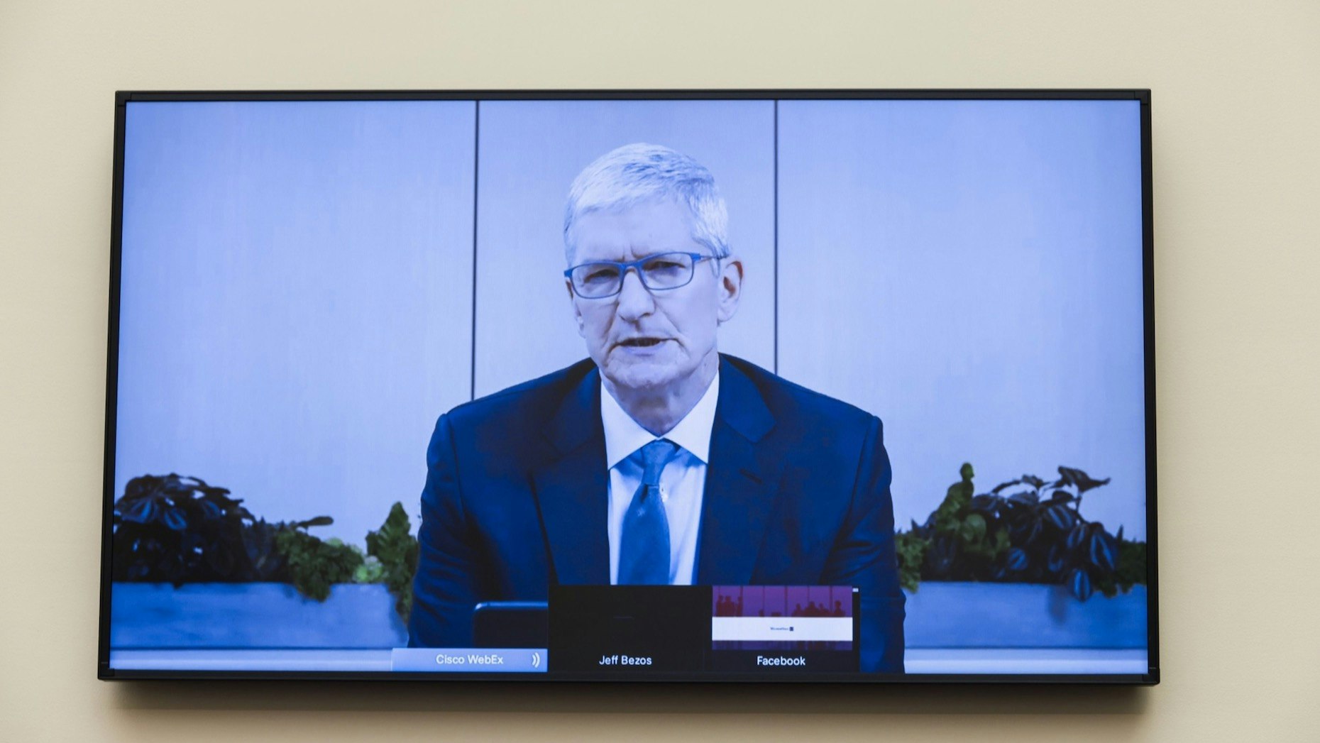 Tim Cook, chief executive officer of Apple Inc., speaks via videoconference during a House Judiciary Subcommittee hearing in Washington, D.C.. Photo: Bloomberg. 