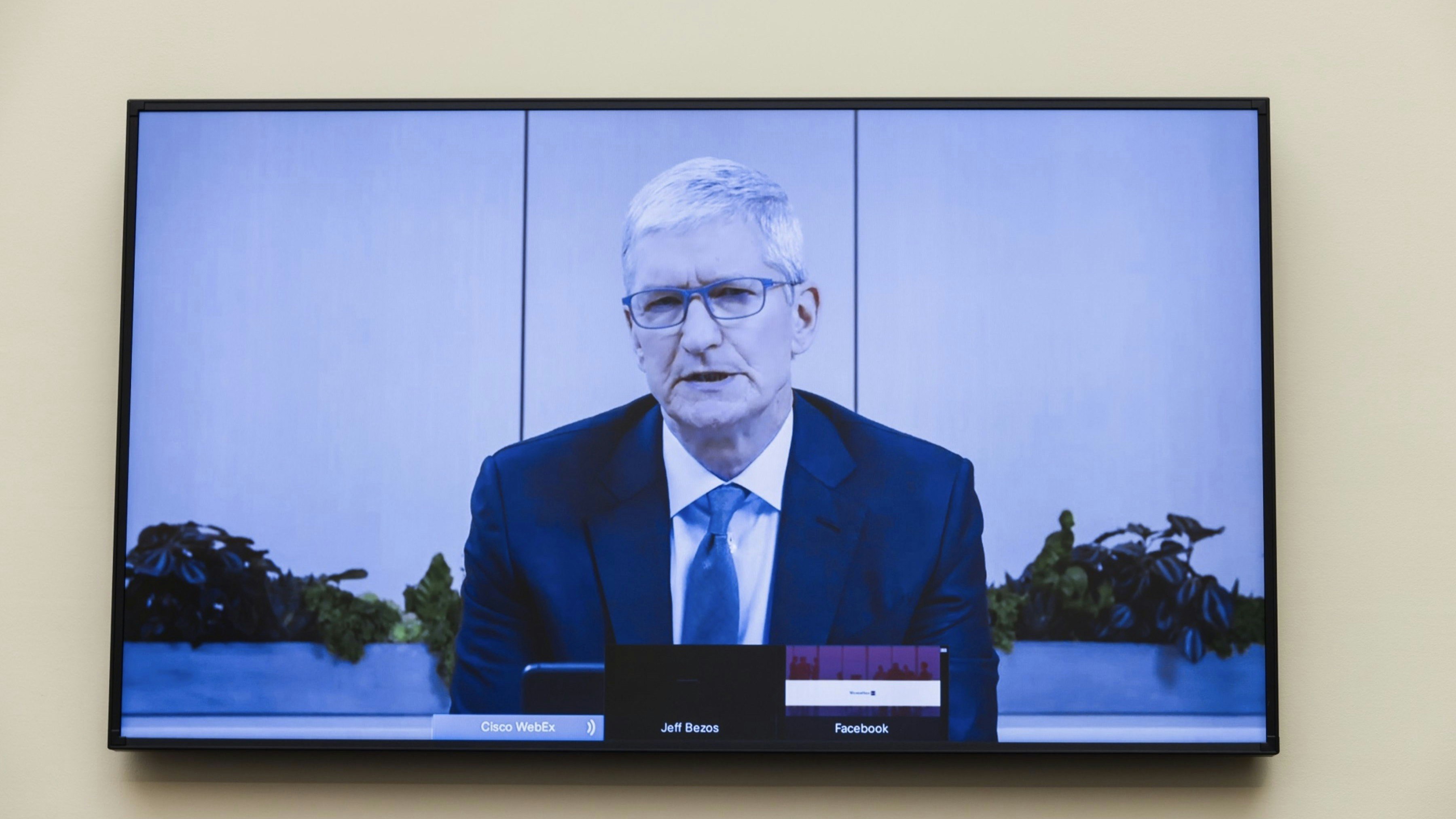 Apple CEO Tim Cook appearing by videoconference before the House Judiciary Committee in July. Photo by Bloomberg