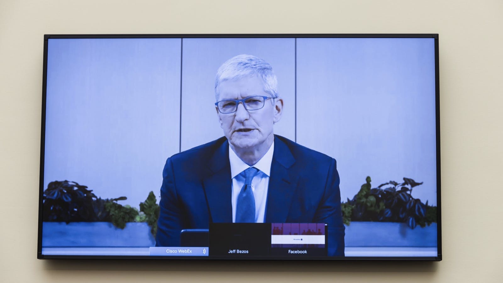 Apple CEO Tim Cook appearing by videoconference before the House Judiciary Committee in July. Photo by Bloomberg