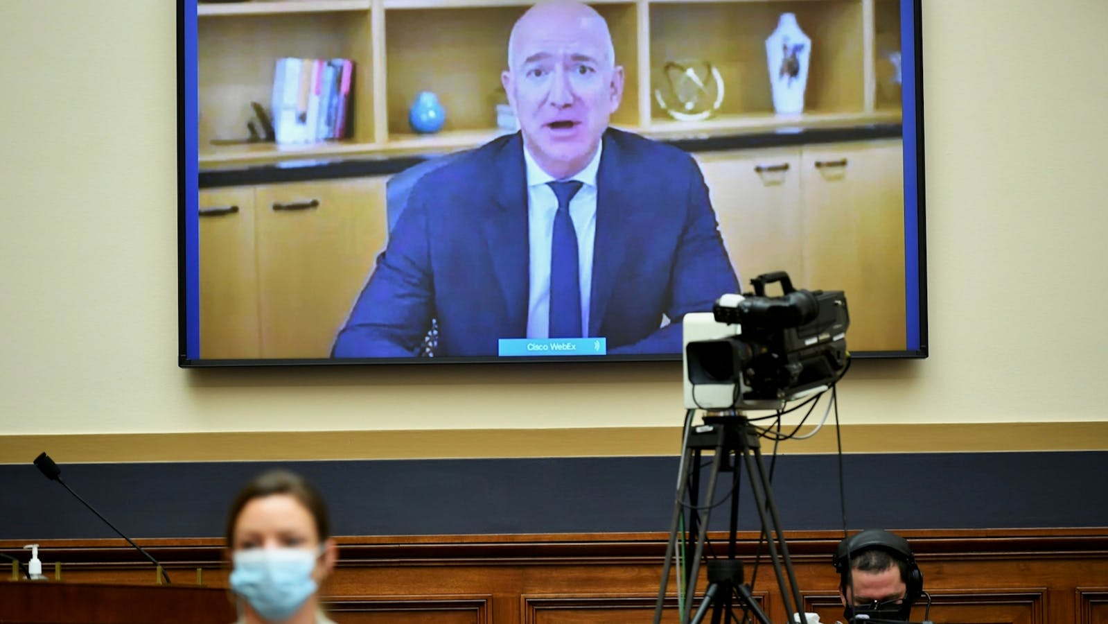Amazon CEO Jeff Bezos appears via video call at a House antitrust hearing in July. Photo by Bloomberg
