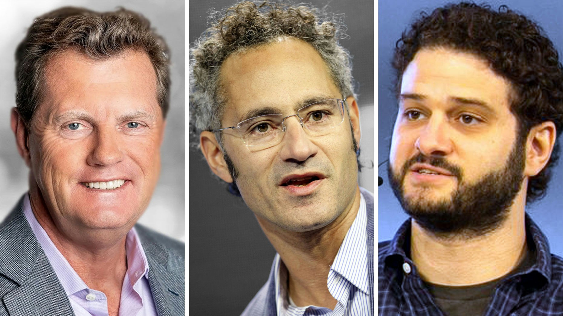 From left: Snowflake's Frank Slootman, Palantir's Alexander Karp and Asana's Dustin Moskovitz. Photos by Snowflake, Bloomberg and Julie Mikos.