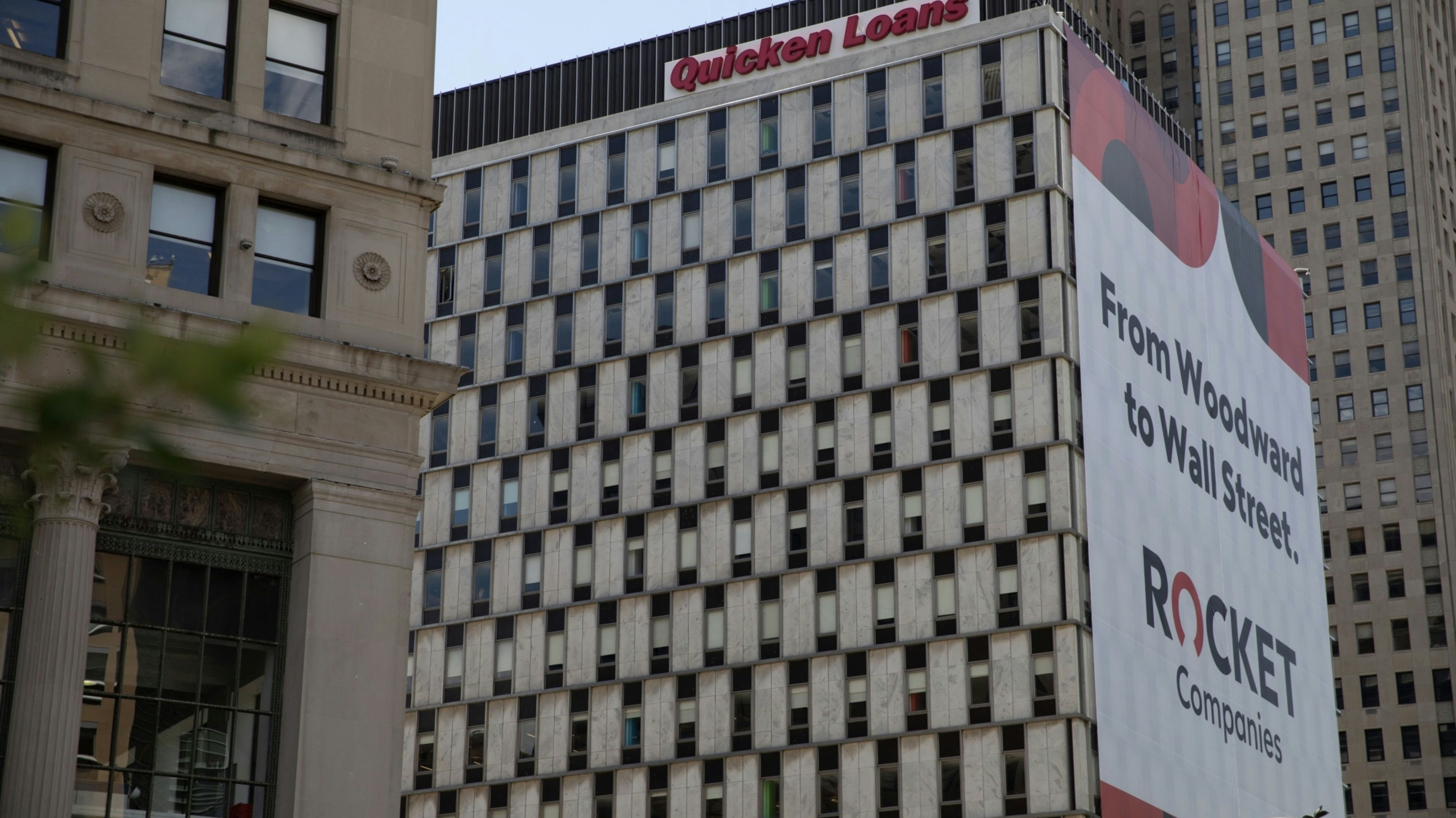 Rocket Companies' signage on the headquarters of its Quicken Loans building in Detroit the day Rocket went public last month. Photo by Bloomberg