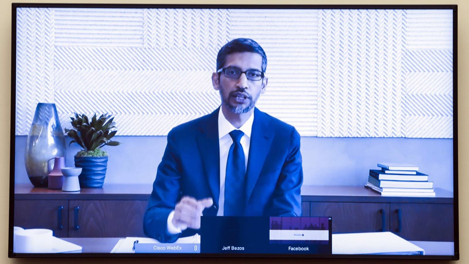 Alphabet CEO Sundar Pichai testifying at a congressional committee hearing late July. Photo by Bloomberg
