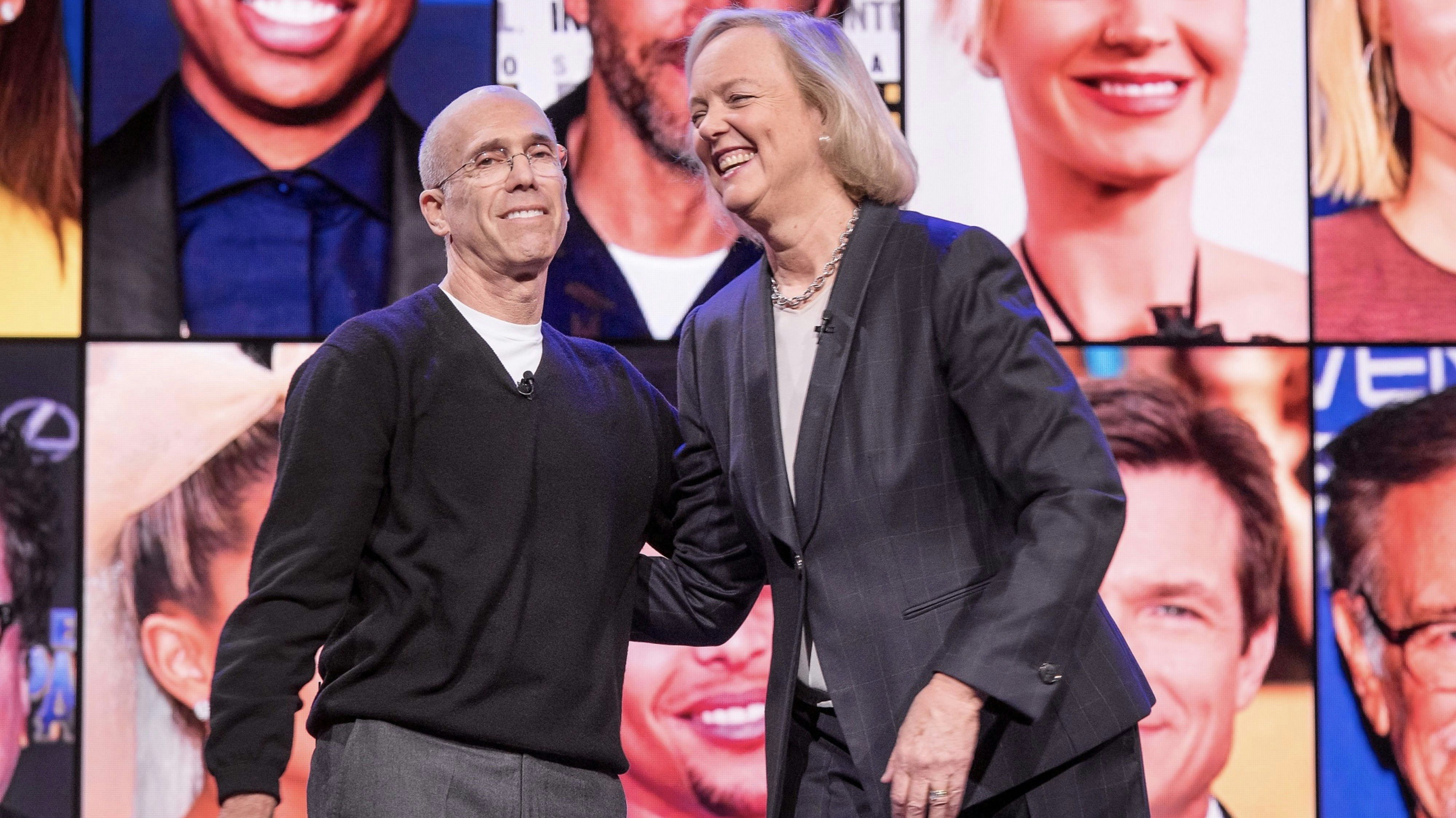Quibi's Jeffrey Katzenberg and Meg Whitman unveiling the service earlier this year. Photo by Bloomberg.