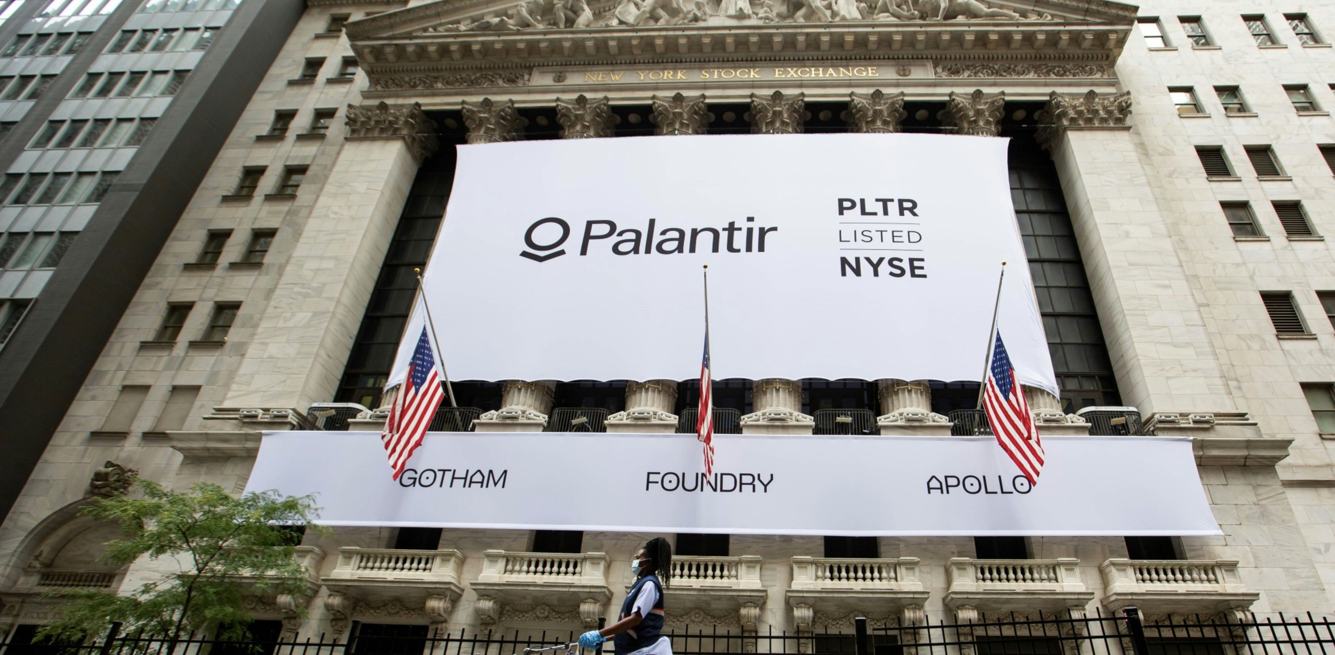 A sign for Palantir hangs over the New York Stock Exchange on the day it went public last month. Photo by Bloomberg.