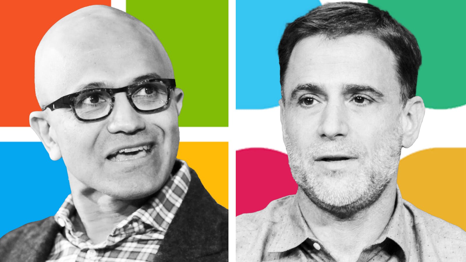Microsoft CEO Satya Nadella, left, and Slack CEO Stewart Butterfield. Photos by Bloomberg