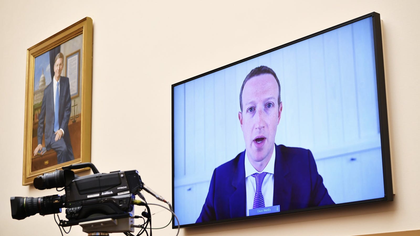 Facebook CEO Mark Zuckerberg speaks via videoconference during a congressional committee's tech CEOs hearing in late July. Photo by Bloomberg