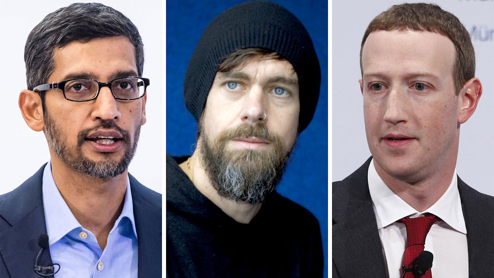 Google CEO Sundar Pichai, Twitter CEO Jack Dorsey and Facebook CEO Mark Zuckerberg (l-r). Photo: Bloomberg