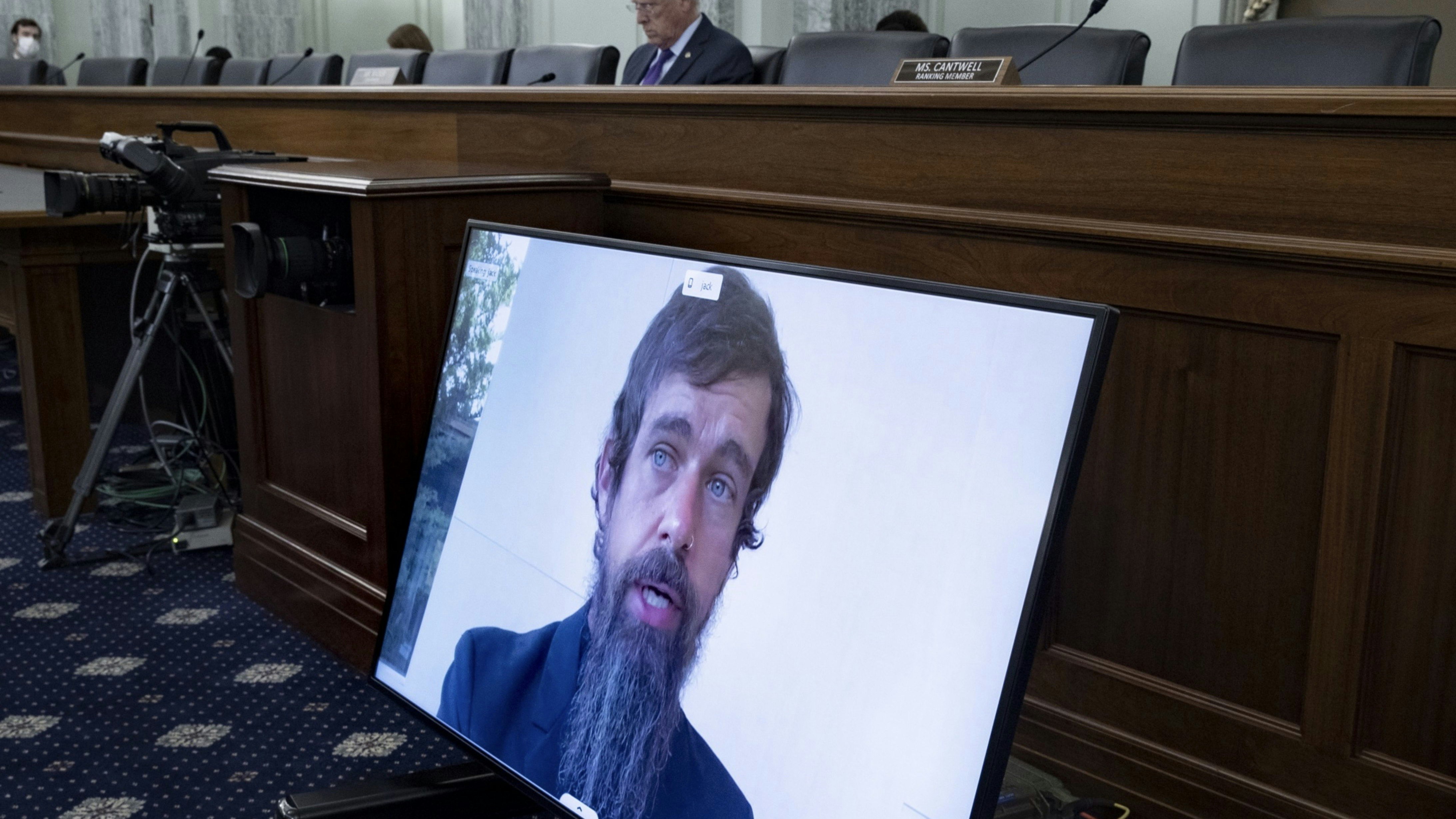 Twitter CEO Jack Dorsey speaking by videoconference to the Senate Commerce Committee on Wednesday. Photo by Bloomberg