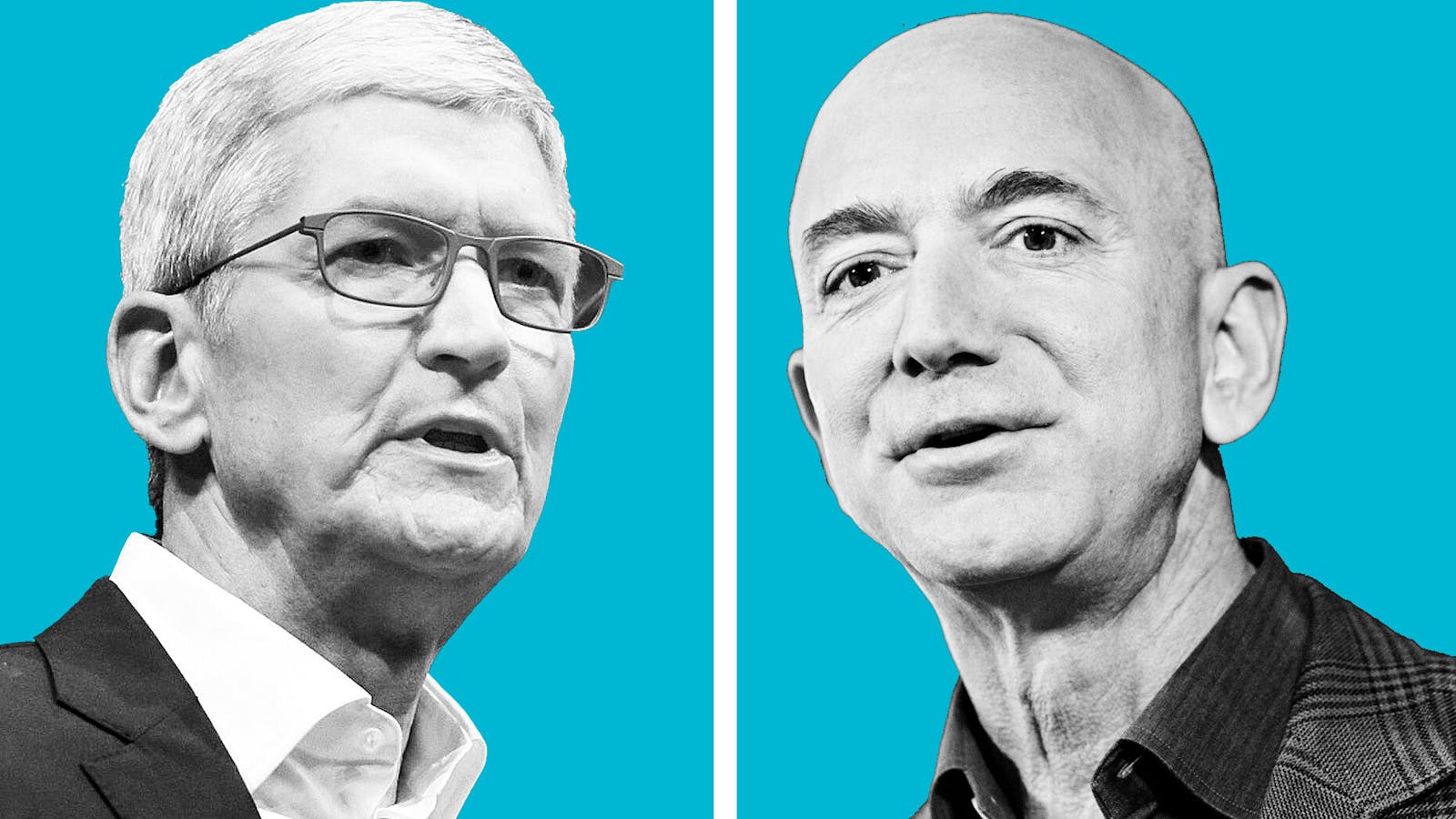 Apple's Tim Cook  and Amazon's Jeff Bezos. Photo by Bloomberg
