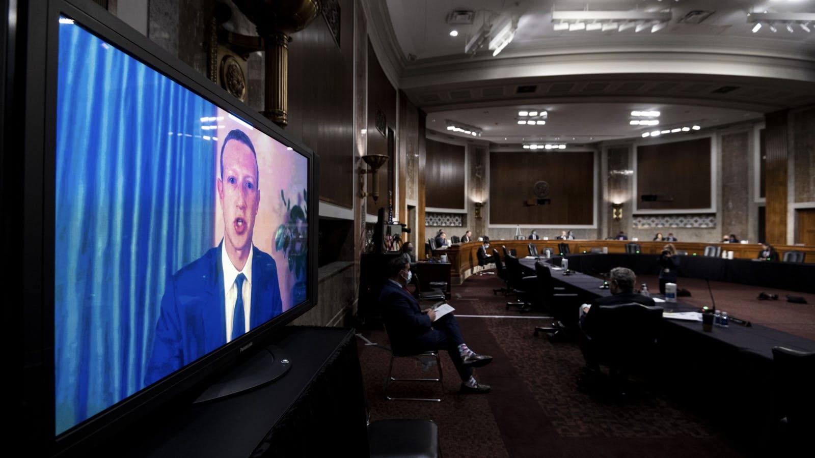 Facebook CEO Mark Zuckerberg appearing at the Judiciary Committee hearing today. Photo by Bloomberg.