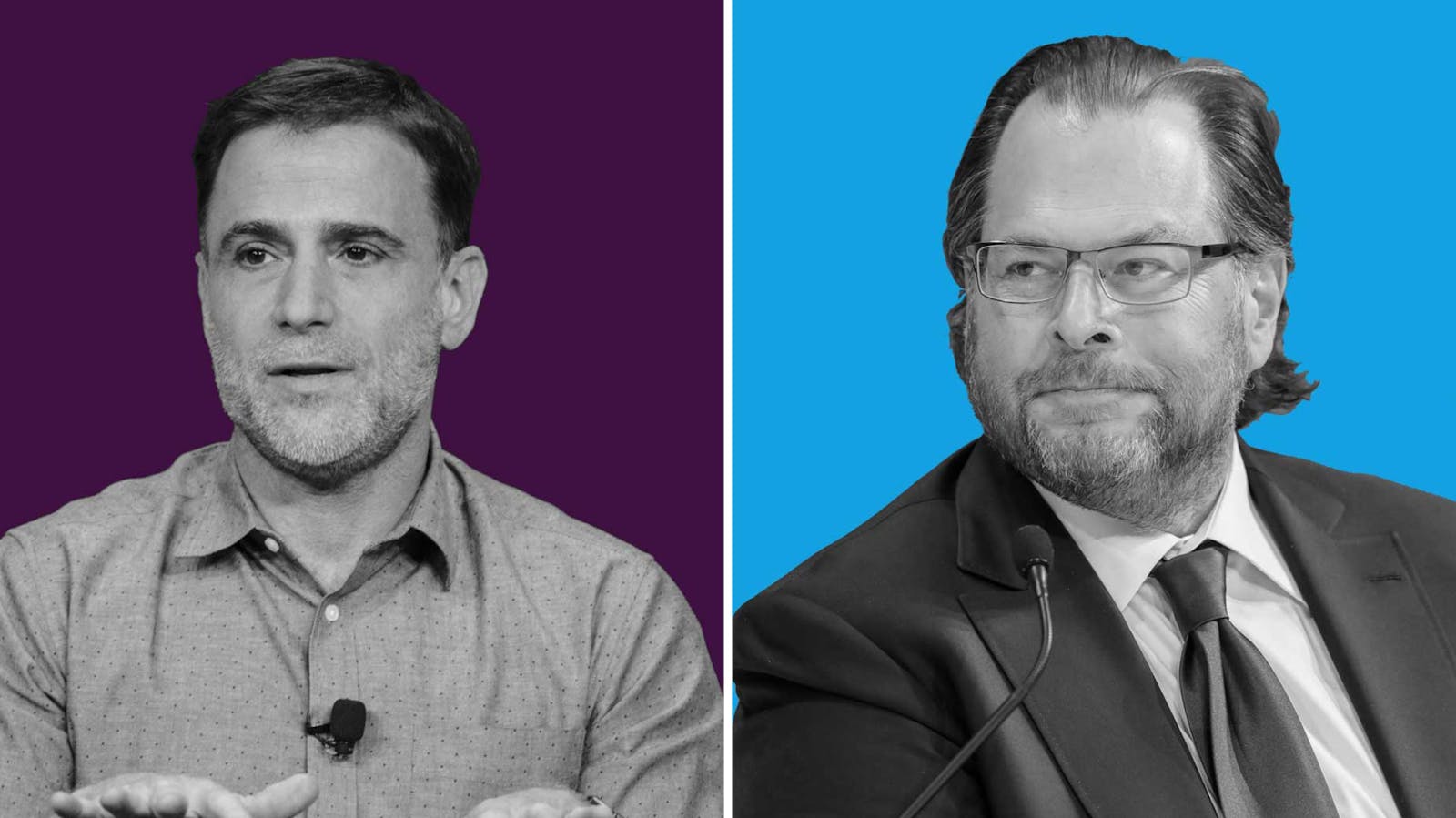 Slack CEO Stewart Butterfield (left) and Salesforce CEO Marc Benioff. Photos by Bloomberg 