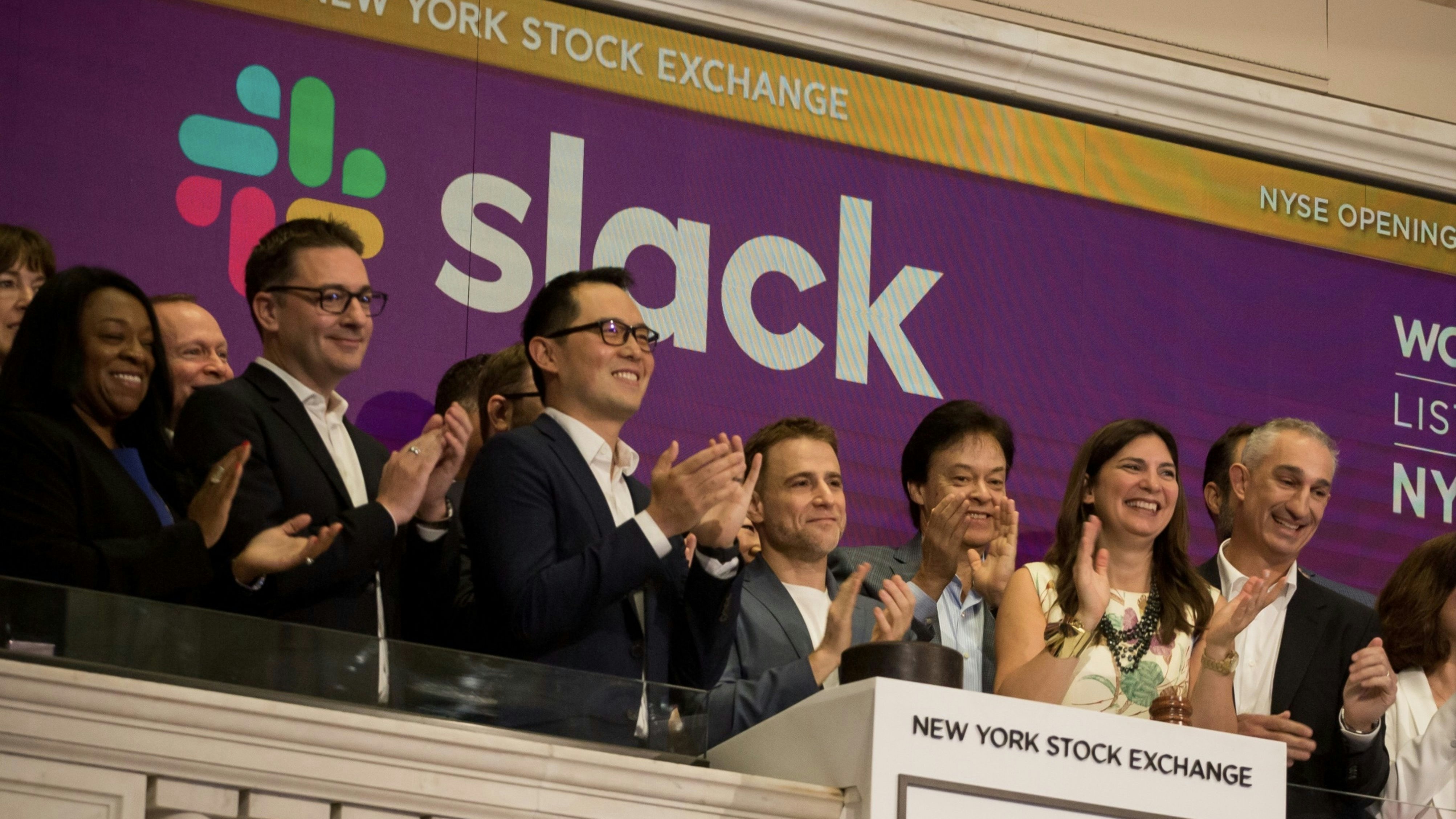 Slack's top executives the day the company went public. Photo by Bloomberg.