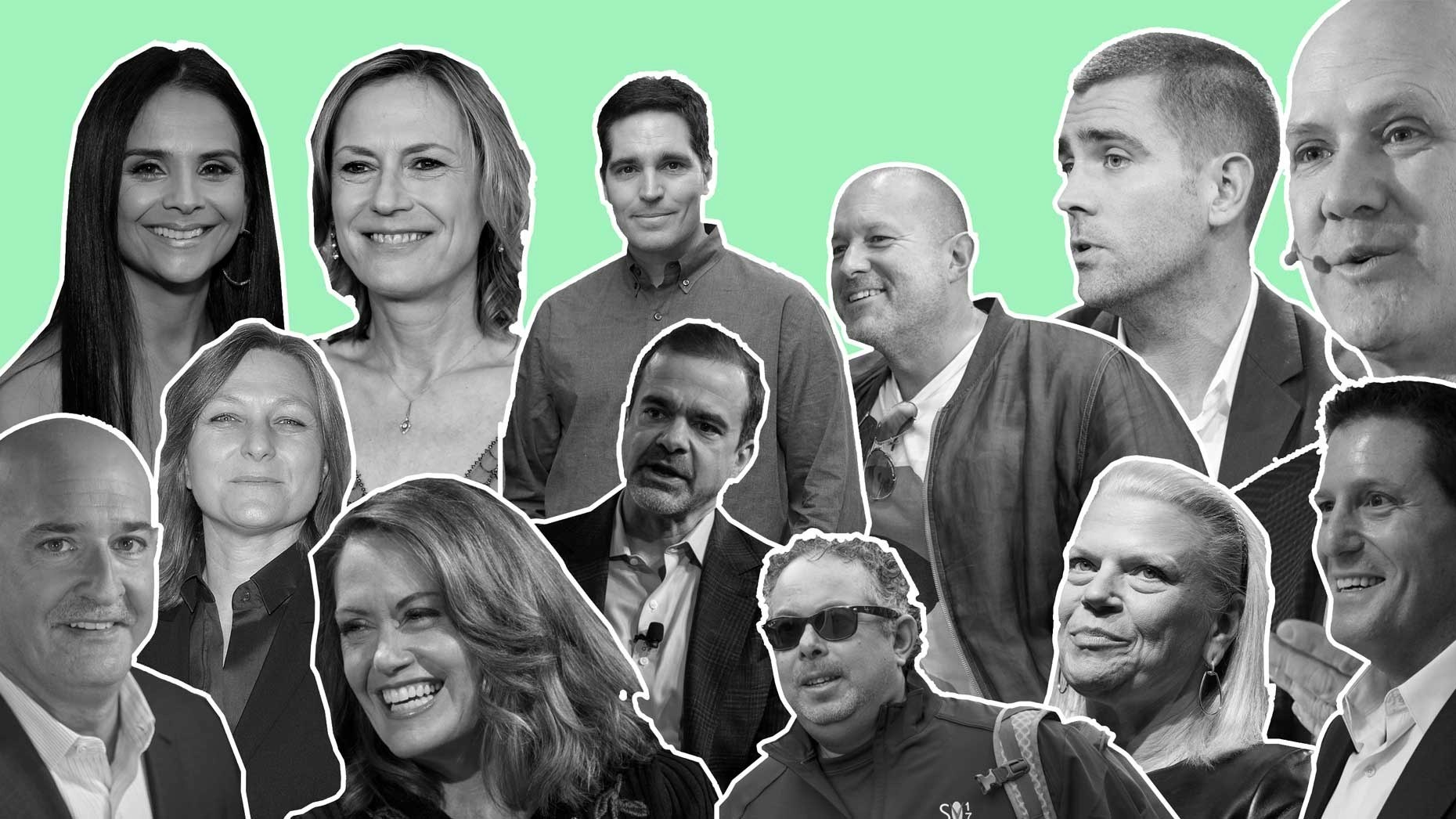 Top, l-r: Bela Bajaria, Ann Sarnoff, Jason Kilar, Jony Ive, Chris Cox, Greg Greeley. Bottom, l-r: Keith Block, Cindy Holland, Peggy Johnson, Jeff Wilke, Rony Abovitz, Ginni Rometty, Kevin Mayer.