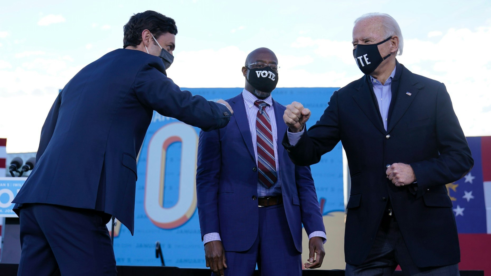President-elect Joe Biden campaigned in Atlanta on Monday with then-Senate candidates Raphael Warnock, center, and Jon Ossoff, left. Photo: AP