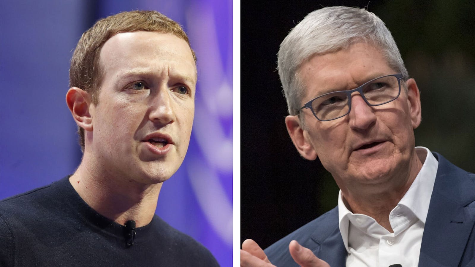 Facebook CEO Mark Zuckerberg (l) and Apple CEO Tim Cook (r). Photo: Bloomberg
