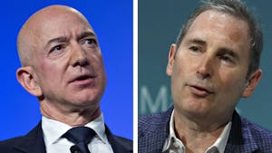 Jeff Bezos and Andy Jassy. Photos by Bloomberg