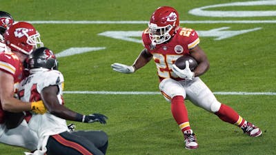 Tampa Bay Buccaneers running back Clyde Edwards-Helaire during the Super Bowl earlier this month. Photo by AP.