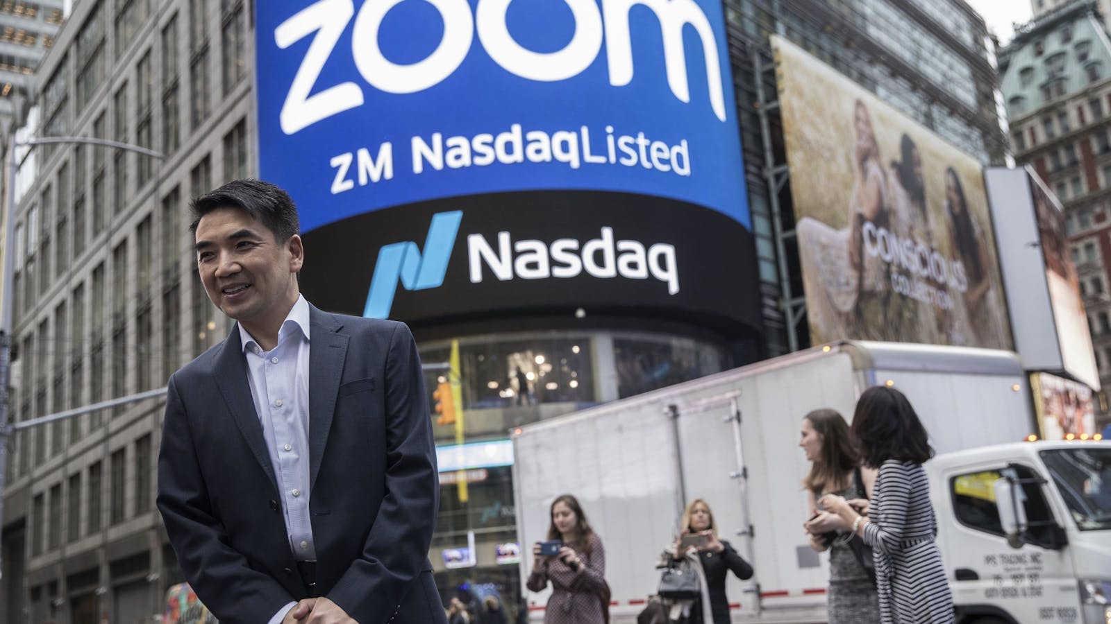 Zoom CEO Eric Yuan in front of the Nasdaq the day Zoom went public in 2019. Photo by Bloomberg.