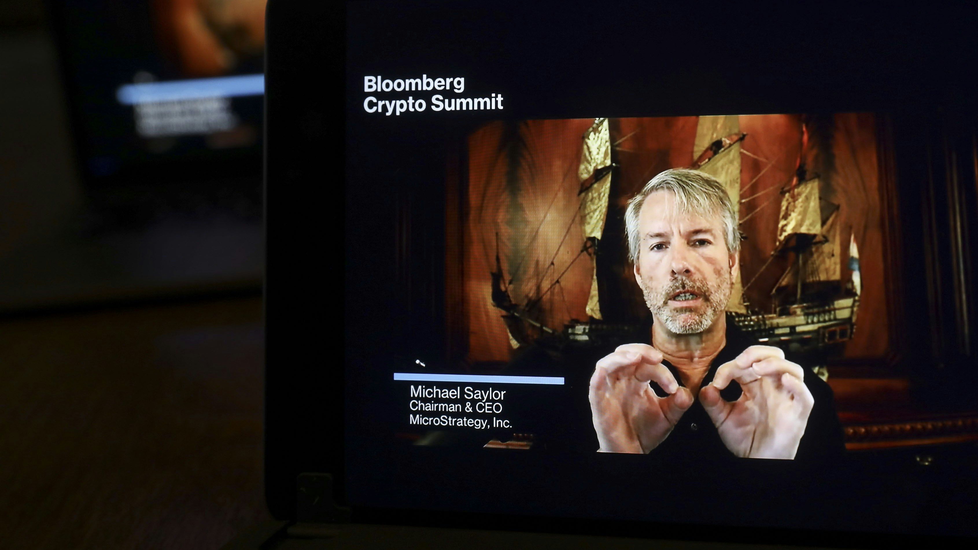 Microstrategy CEO Michael Saylor appearing virtually at a recent crypto conference. Photo by Bloomberg.