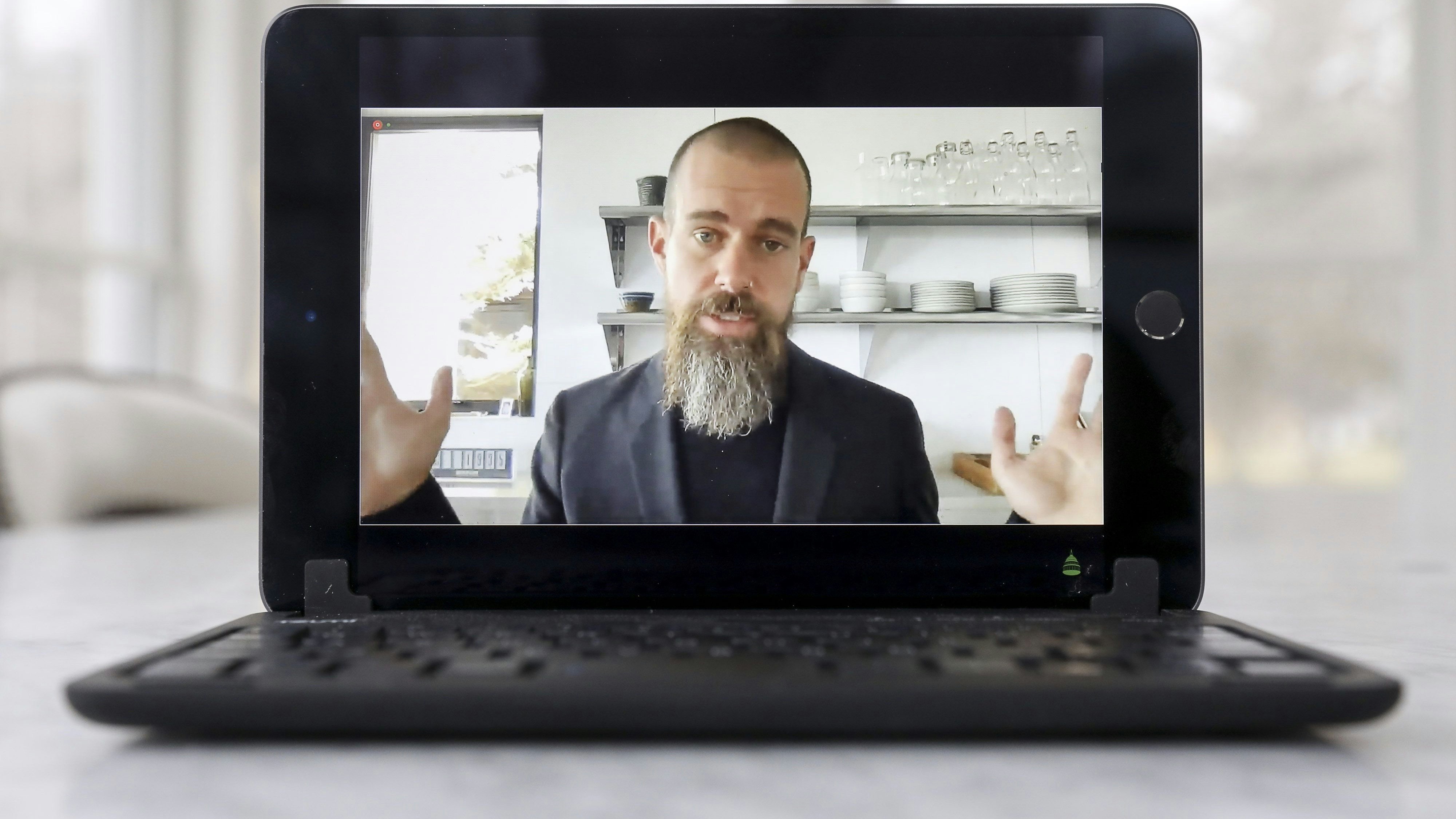 Twitter CEO Jack Dorsey appearing at Thursday's virtual congressional hearing, as seen on a computer screen. Photo by Bloomberg.