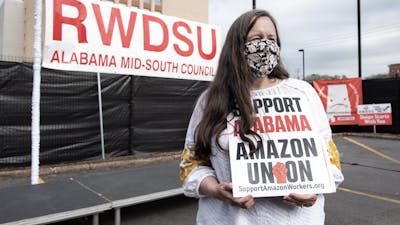 A union official involved in the Amazon campaign in Alabama. Photo by Bloomberg.