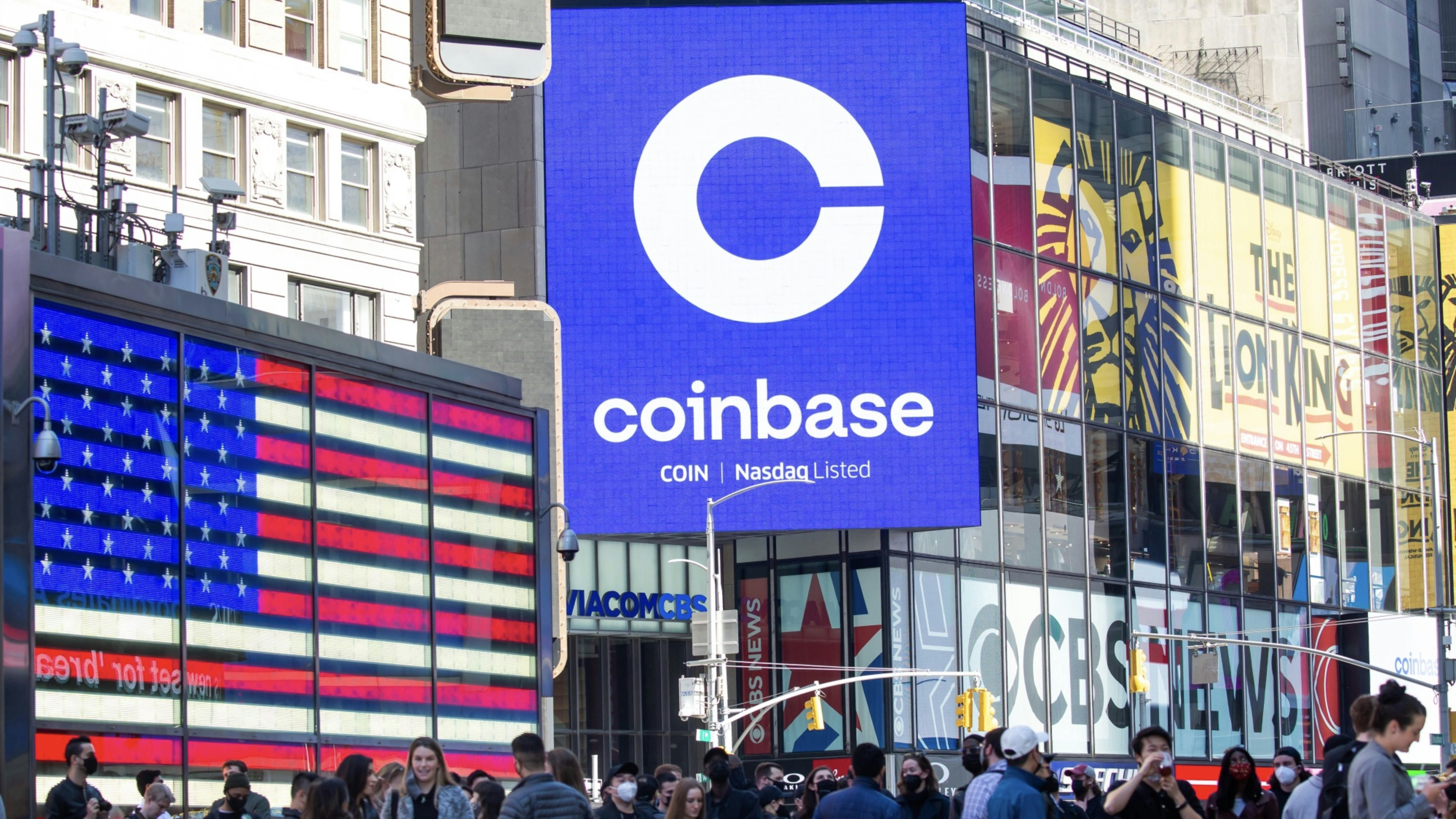 Coinbase's signage for its direct listing on the Nasdaq today. Photo by Bloomberg.