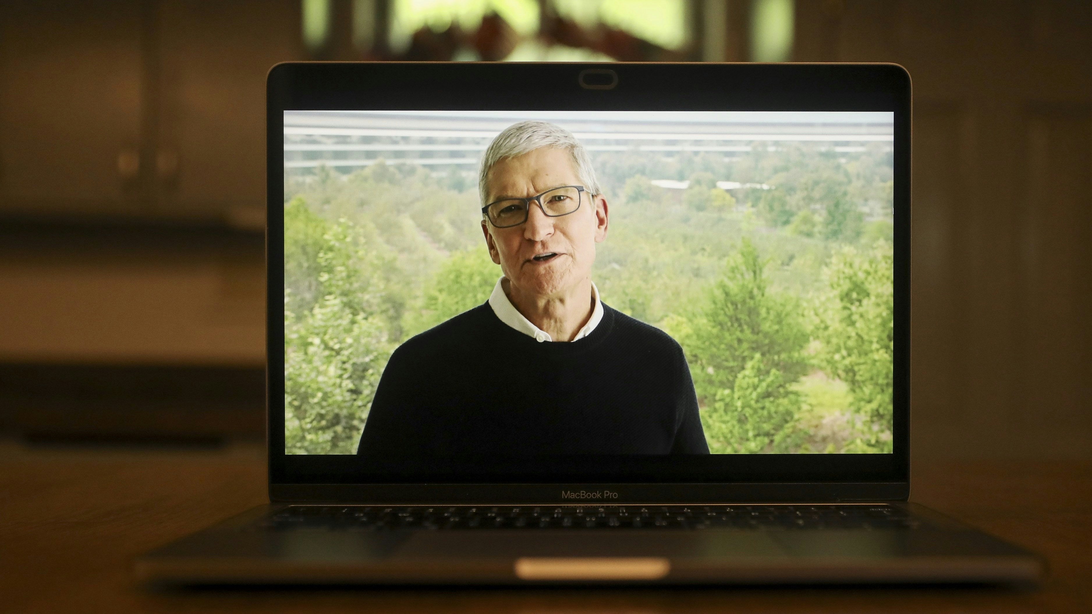 Apple CEO Tim Cook seen at a virtual product launch last year. Photo by Bloomberg.