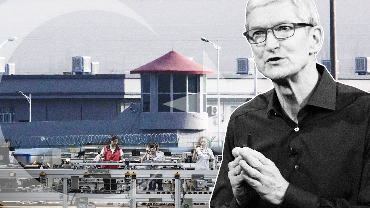 A photo (top left) of a suspected detention center next to Artux Kunshan Industrial Park in Xinjiang, where an Apple supplier operated. Apple CEO Tim Cook (right). Photos by AP; Bloomberg. Collage by Mike Sullivan