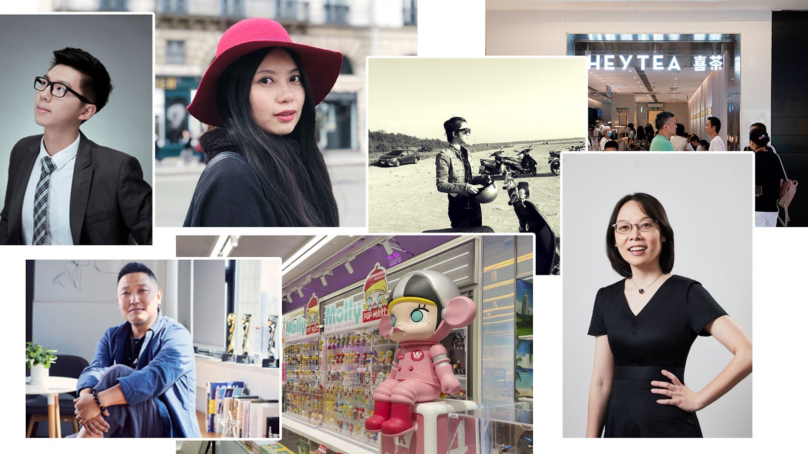 Clockwise from top-left: Moody CEO,  Ci Ran; PMPM co-founder Wen Tzu; PMPM co-founder Shan Shuo; customers at a HEYTEA store in Chongqing, China (AP); Ubras founder and CEO, Tou Yaqian; a Pop Mart store in Shanghai (AP); Chicecream CEO, Lin Sheng.