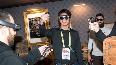 People wearing Magic Leap's first headset at a conference in 2019. Photo by Bloomberg