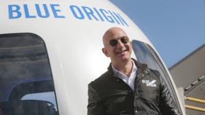 Jeff Bezos at a Blue Origin event in 2017. Photo by Bloomberg