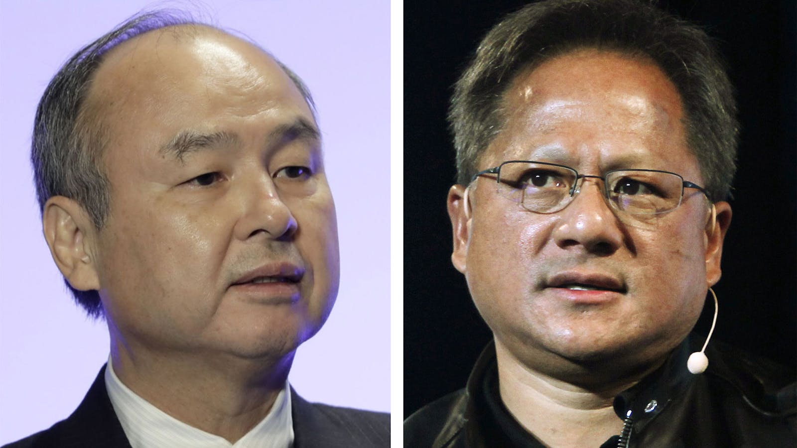 SoftBank CEO Masayoshi Son, left, and Nvidia CEO Jensen Huang. Photos by Bloomberg; AP