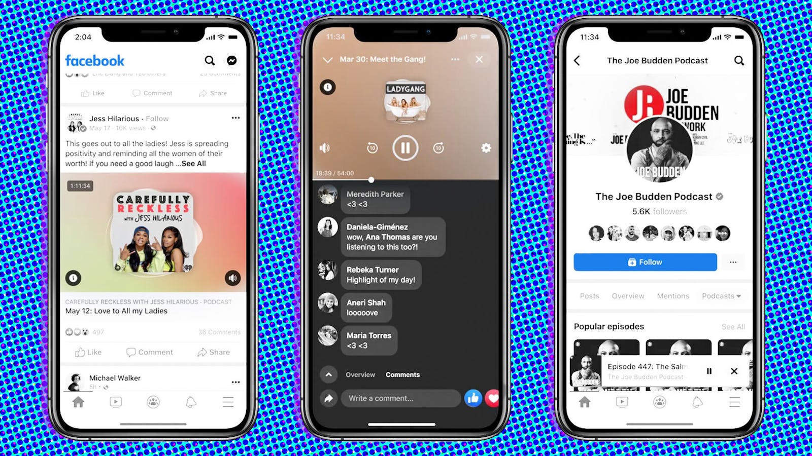 Views of Facebook's new podcast product. Photos courtesy of Facebook. 
