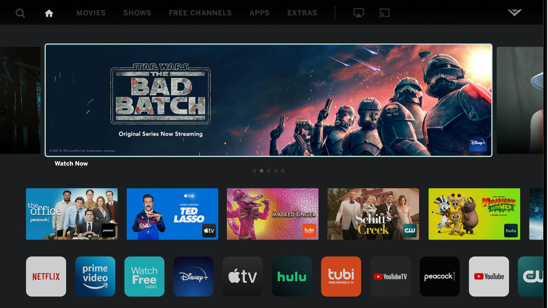 Apps on a Vizio television set, including for YouTube and YouTube TV. Photo from Vizio