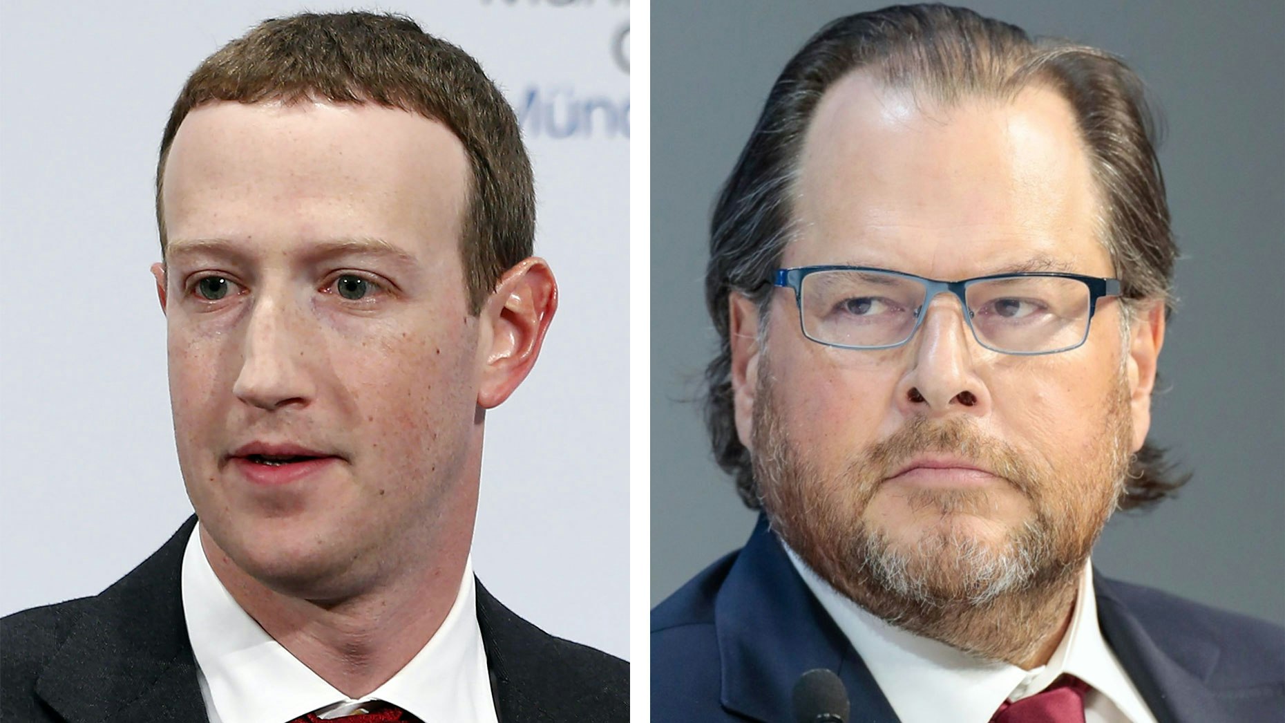 Mark Zuckerberg, left, and Marc Benioff. Photos by Bloomberg.
