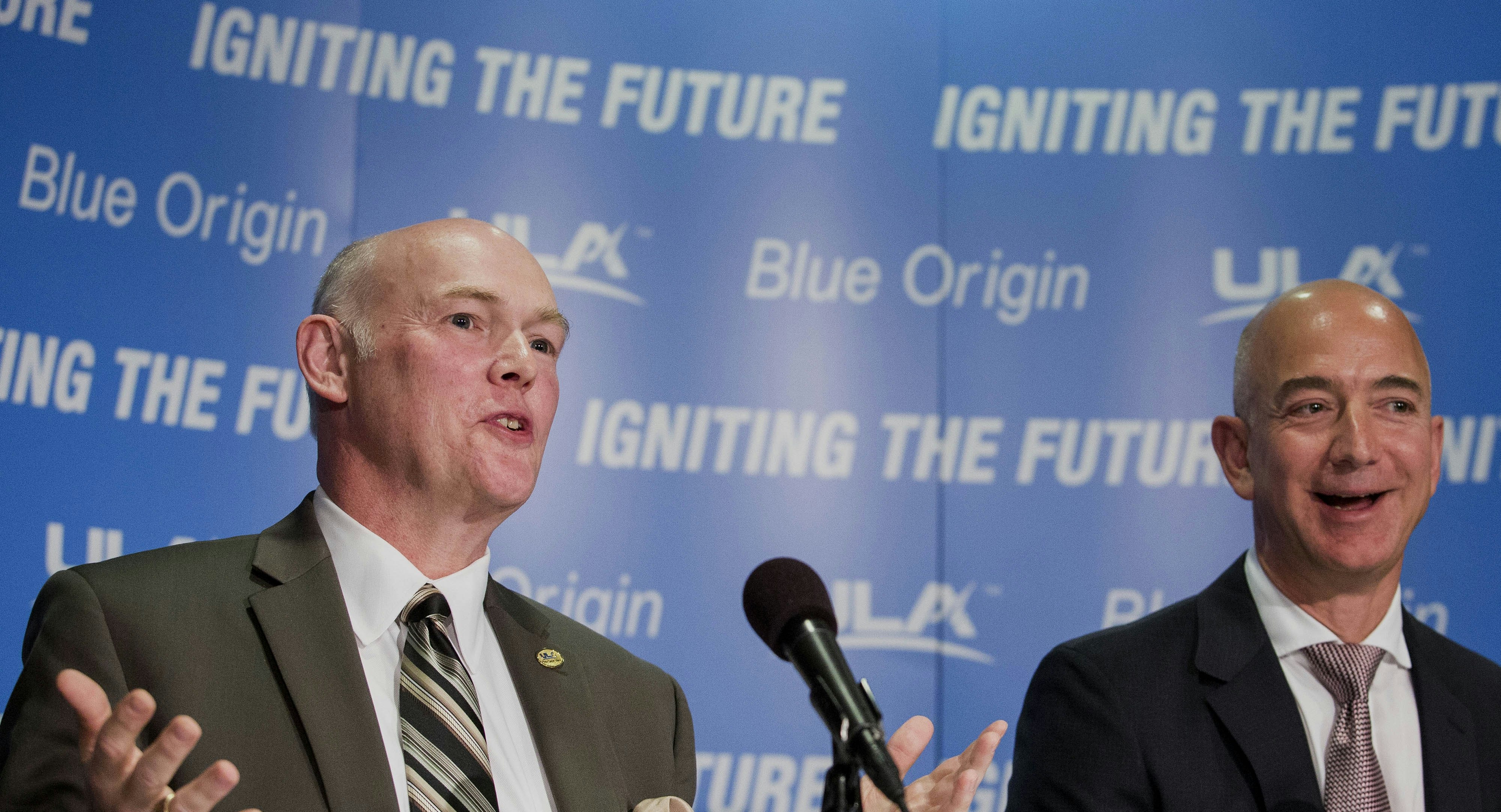 Amazon chief Jeff Bezos with Tory Bruno from United Launch Alliance. photo by Bloomberg
