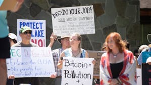 People protested a crypto mining operation near Seneca Lake in upstate New York last month. Photo: Kelly Marciniak—Marciniak Photography
