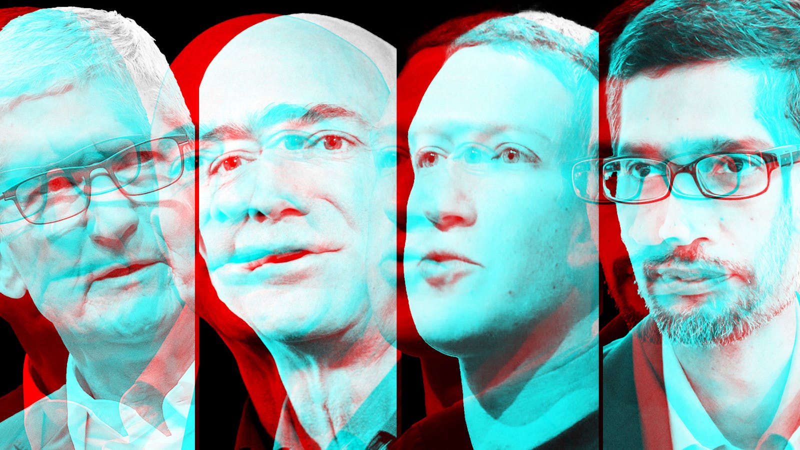 Apple's Tim Cook, Amazon's Jeff Bezos, Facebook's Mark Zuckerberg and Google's Sundar Pichai. Photos by Bloomberg