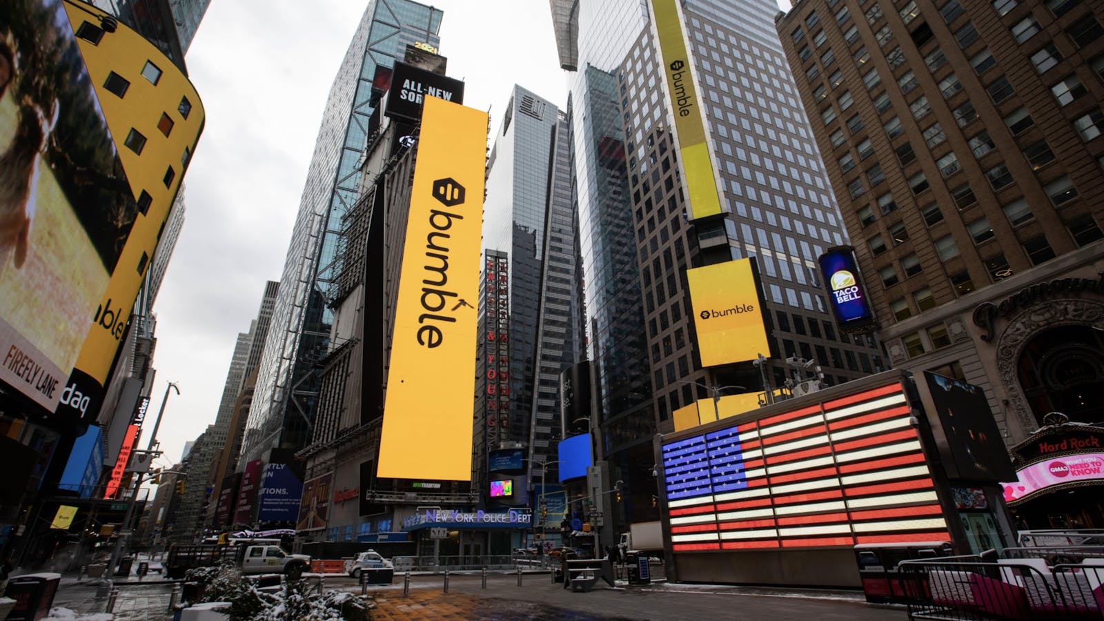 Bumble signage at the Nasdaq when it went public in February. Photo by Bloomberg.